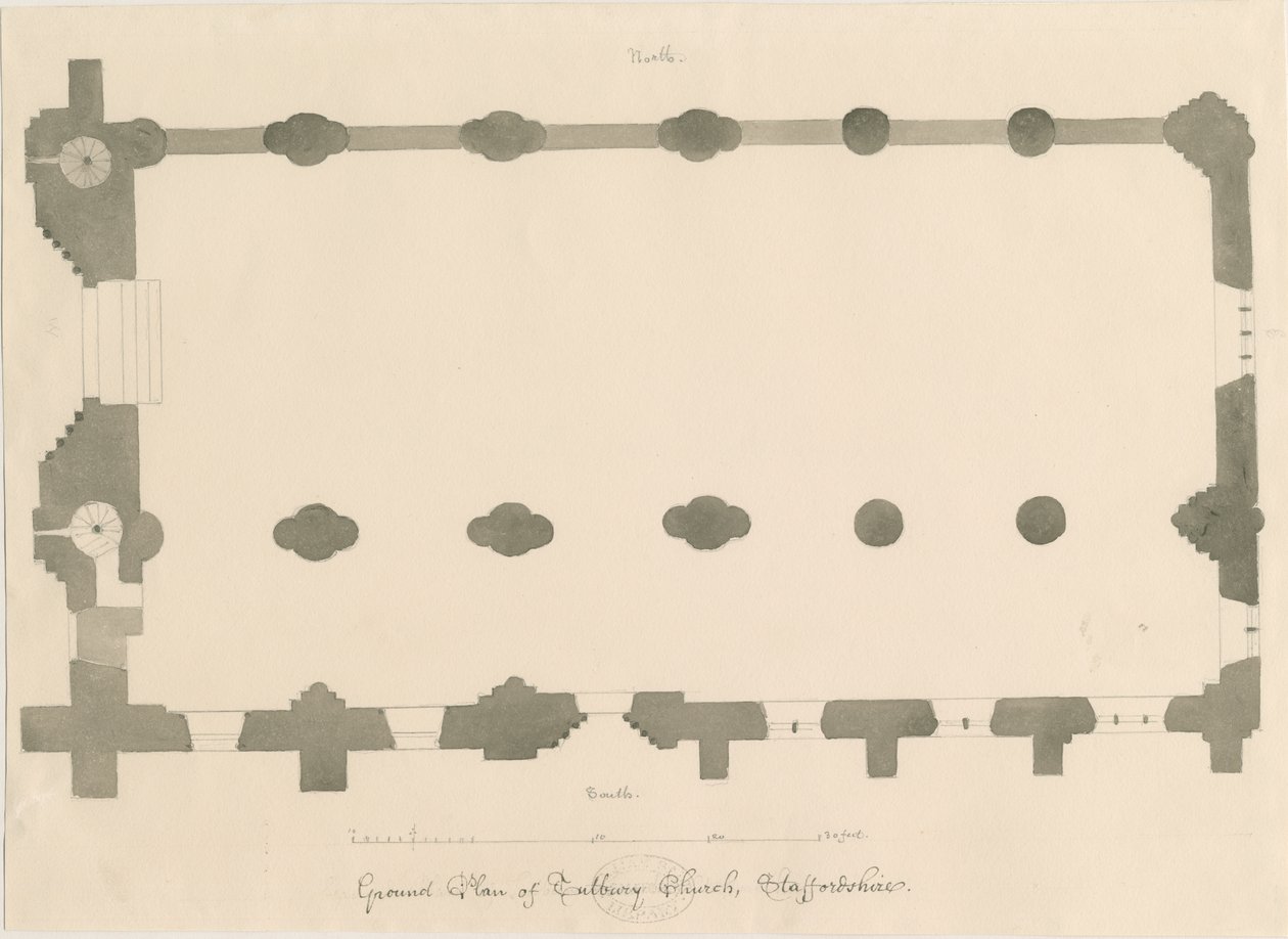 Tutbury Priory Church - Plan: blyant- og sepia-tegning, nd [?1812] (tegning) av John Buckler