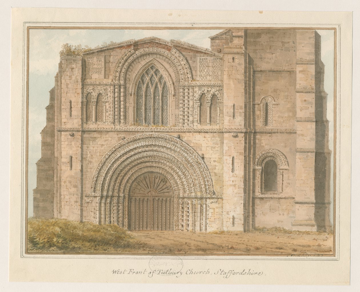 Tutbury Priory Church - West Front: vannfargemaleri, 1813 av John Buckler