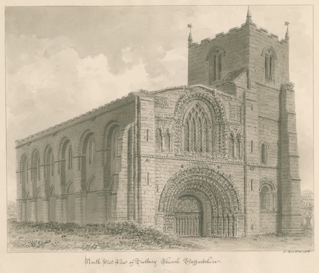 Tutbury Priory Church: sepia-tegning av John Buckler