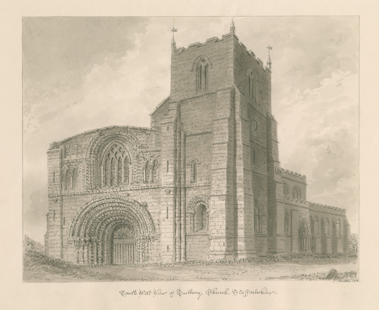 Tutbury Priory Church: sepia vask tegning av John Buckler