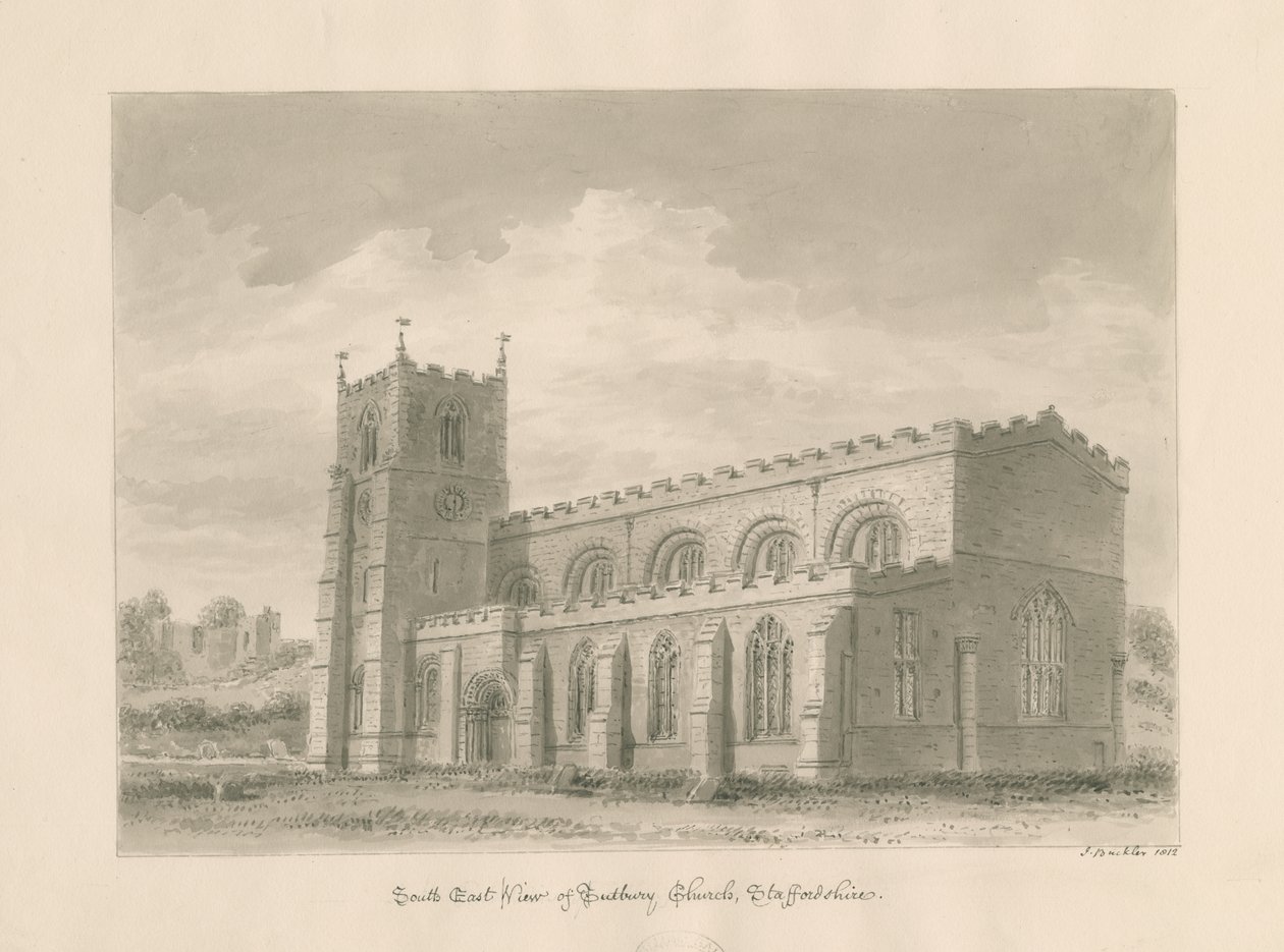 Tutbury Priory Church: sepia vasketegning, 1812 av John Buckler