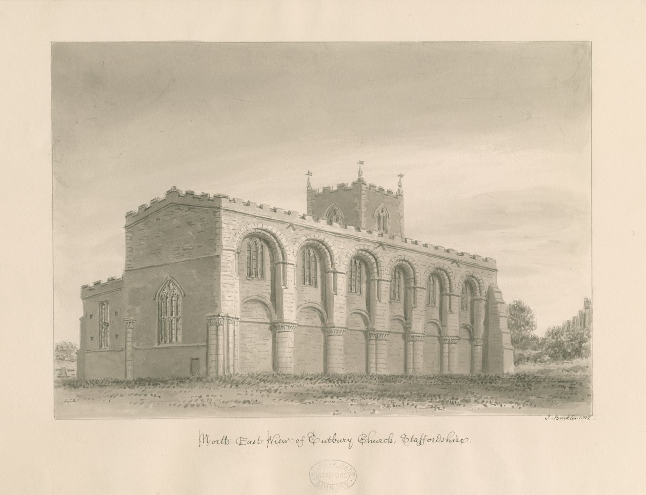 Tutbury Priory Church: sepia vasketegning, 1812 av John Buckler