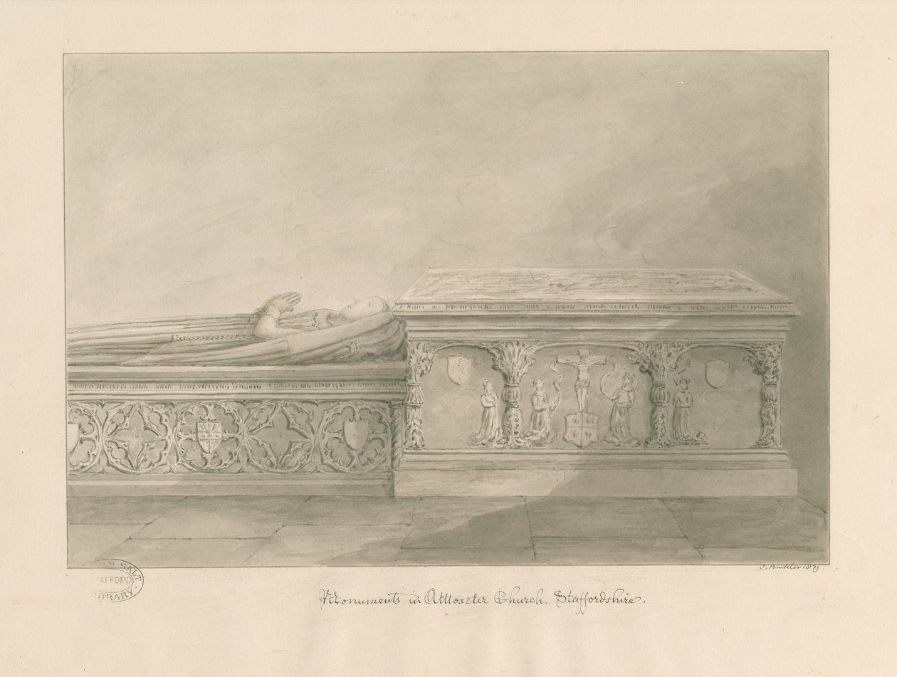Uttoxeter Church - Tombs of Thomas Kinnersley og en kvinne: sepia vask tegning av John Buckler