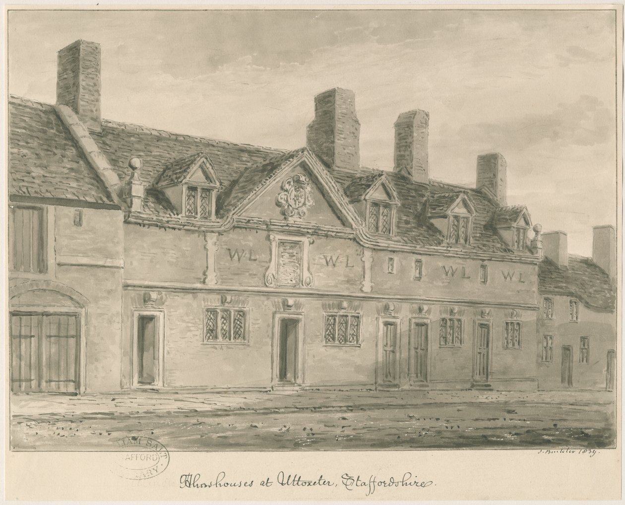 Uttoxeter Town - Almshouses: sepia vasketegning, 1839 av John Buckler