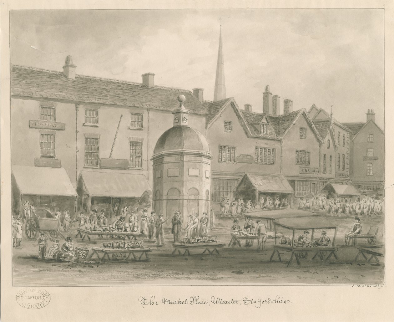 Uttoxeter Town - Market Place: sepia vask tegning av John Buckler