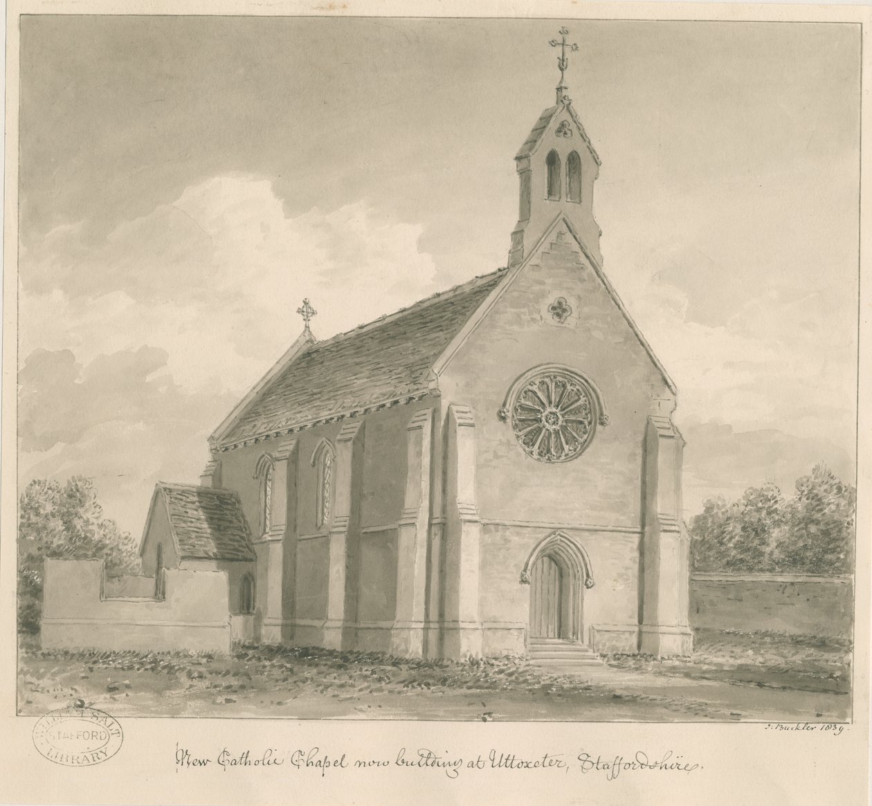 Uttoxeter Town - New Catholic Chapel: sepia-tegning av John Buckler