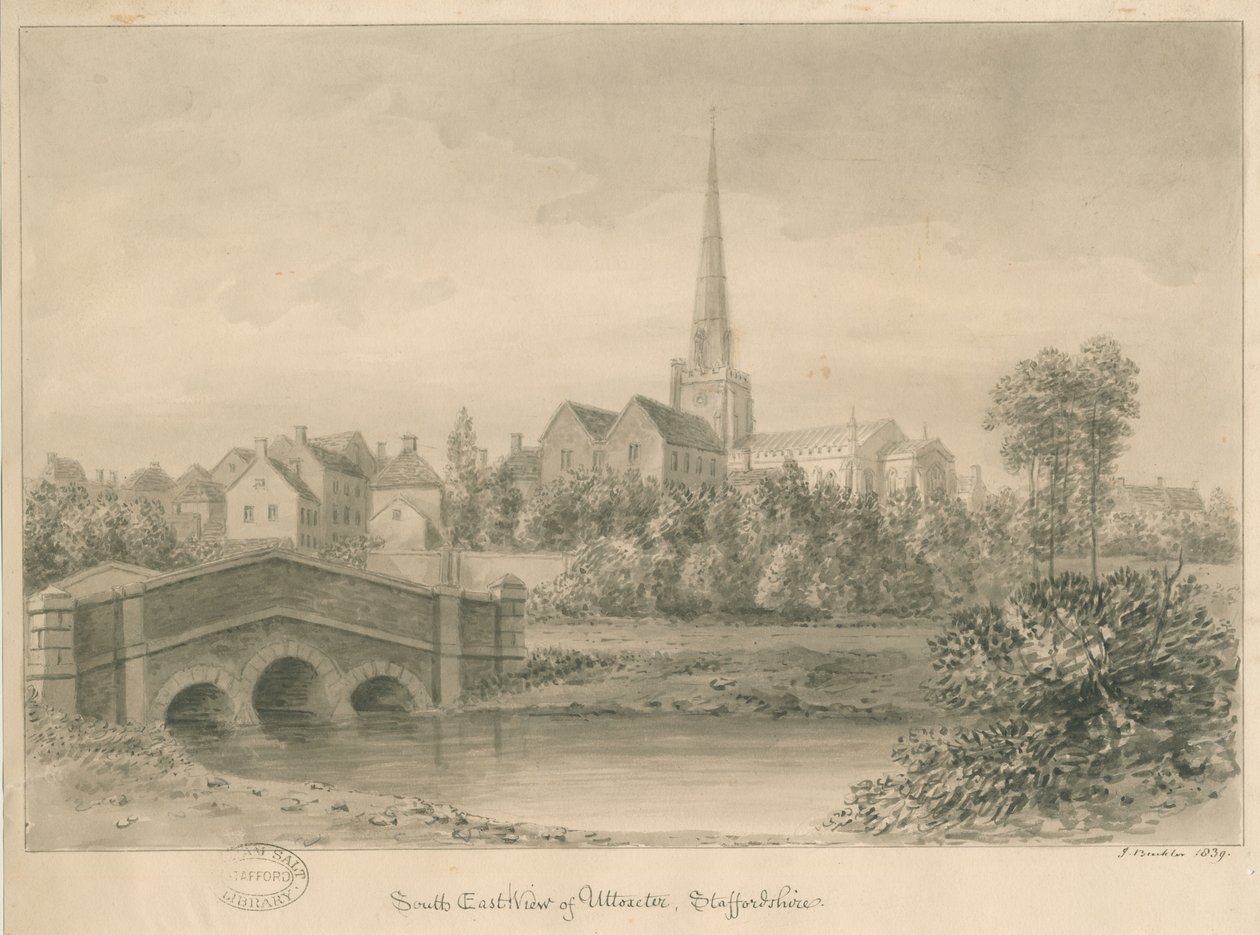 Uttoxeter Town: sepia vasketegning, 1839 av John Buckler