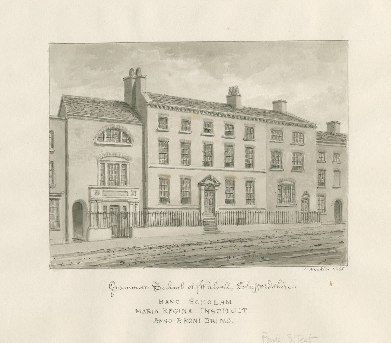 Walsall Town - Grammar School: sepia wash drawing, 1845 av John Buckler