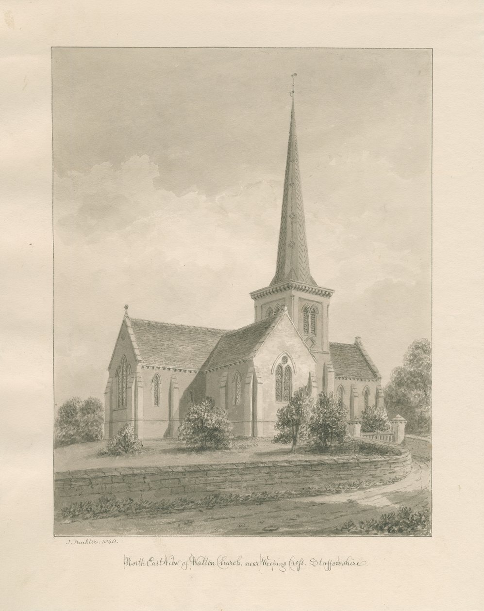 Walton-on-the-Hill Church: sepia vask tegning av John Buckler