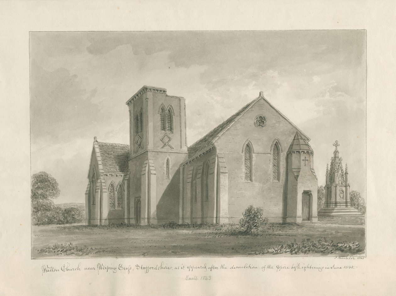 Walton-on-the-Hill Church: sepia vasketegning, 1844 av John Buckler