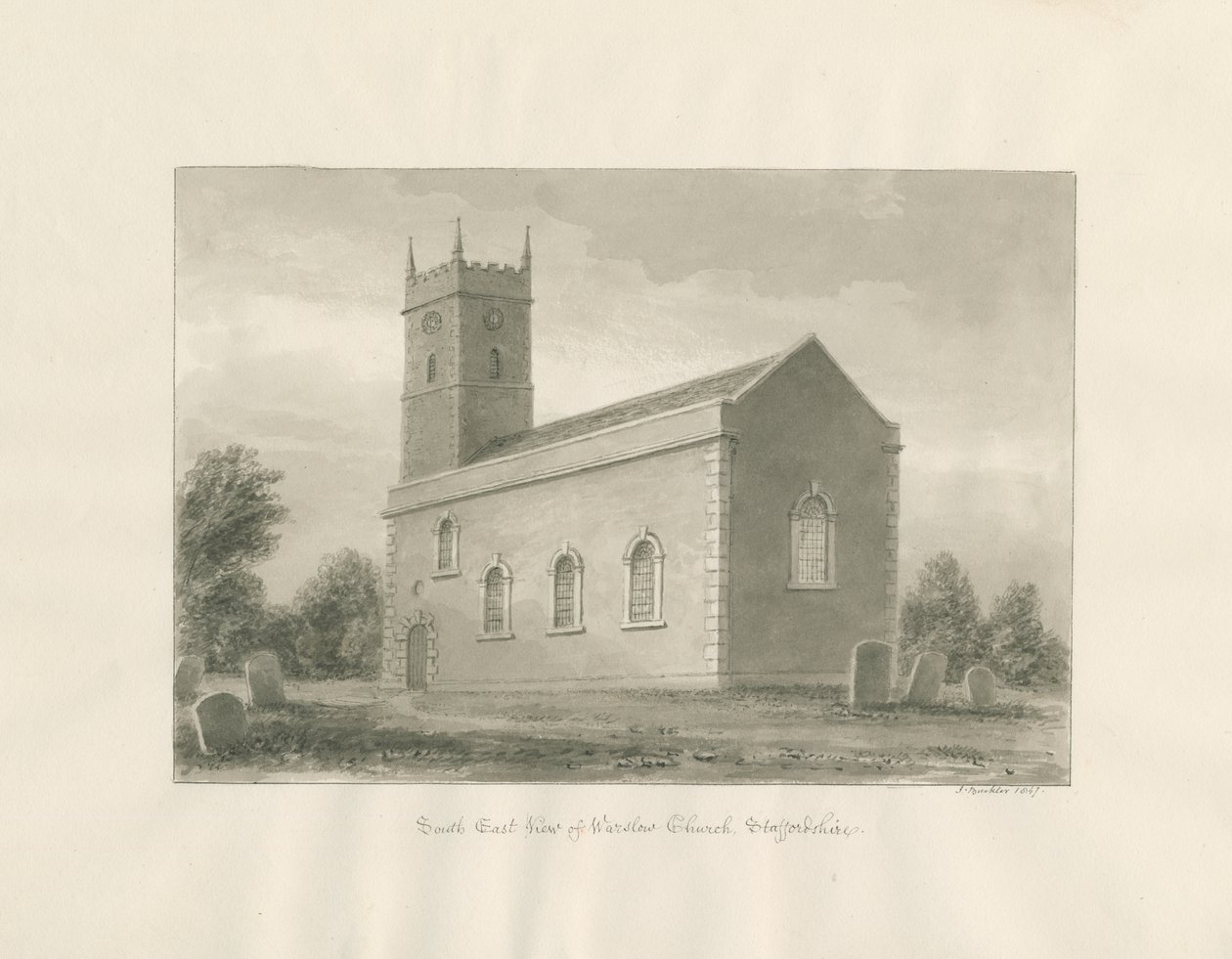 Warslow kirke: sepia-tegning av John Buckler