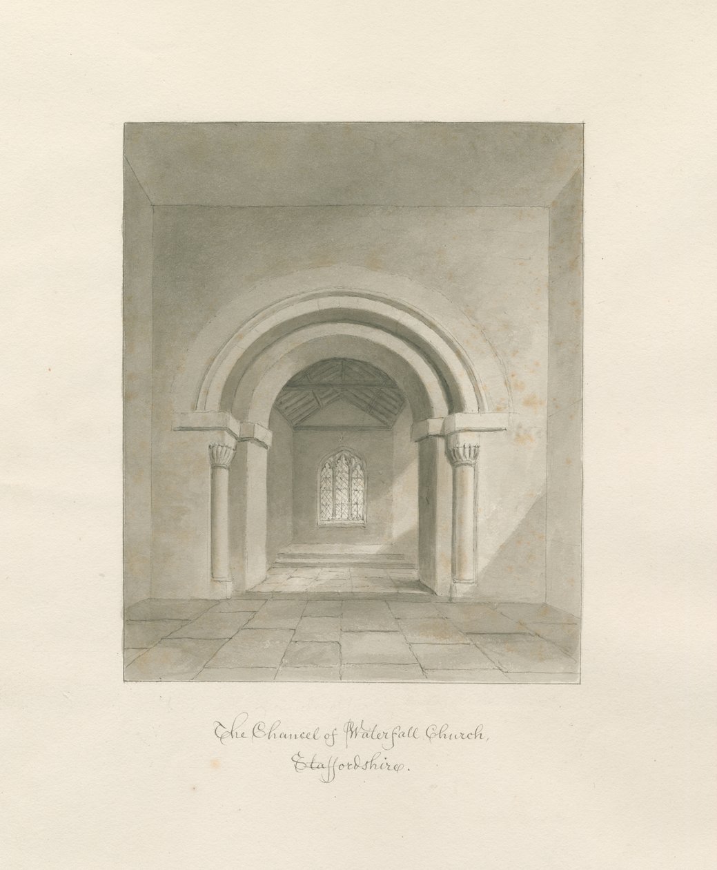 Waterfall Church - Interiør av Chancel: sepia-tegning, 1847 av John Buckler