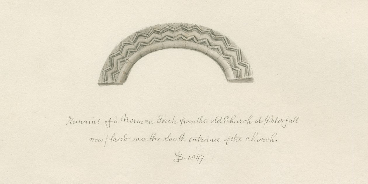 Waterfall Church - Remains of a Norman Arch: sepia-tegning av John Buckler