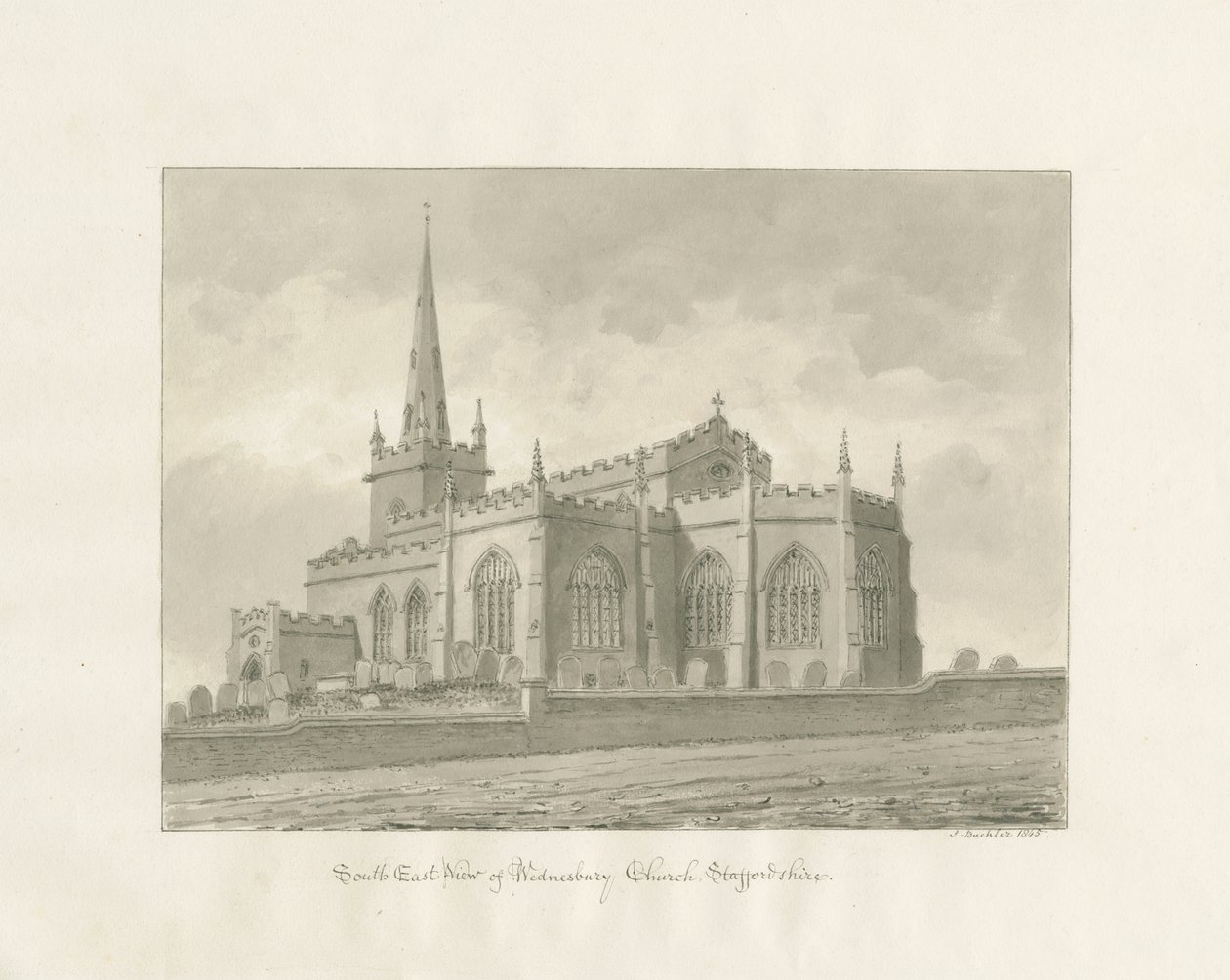 Wednesbury Church: sepia-tegning av John Buckler