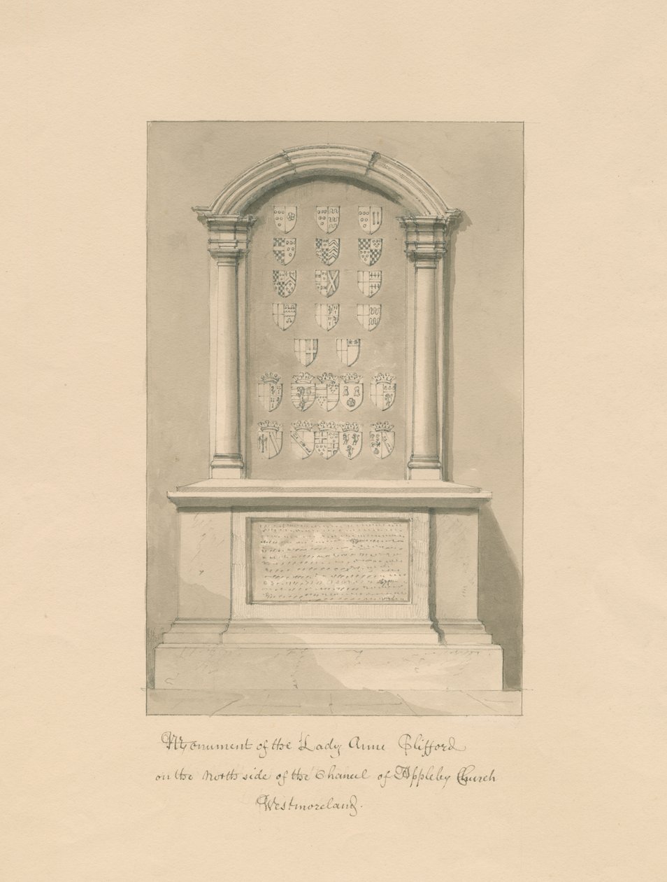 Westmorland - Appleby Church - Monument til Lady Anne Clifford: sepia-tegning, 1800 av John Buckler