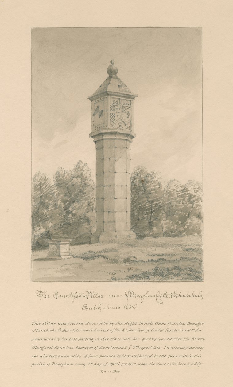 Westmorland - Brougham Castle - grevinne søyle: sepia-tegning, 1800 av John Buckler