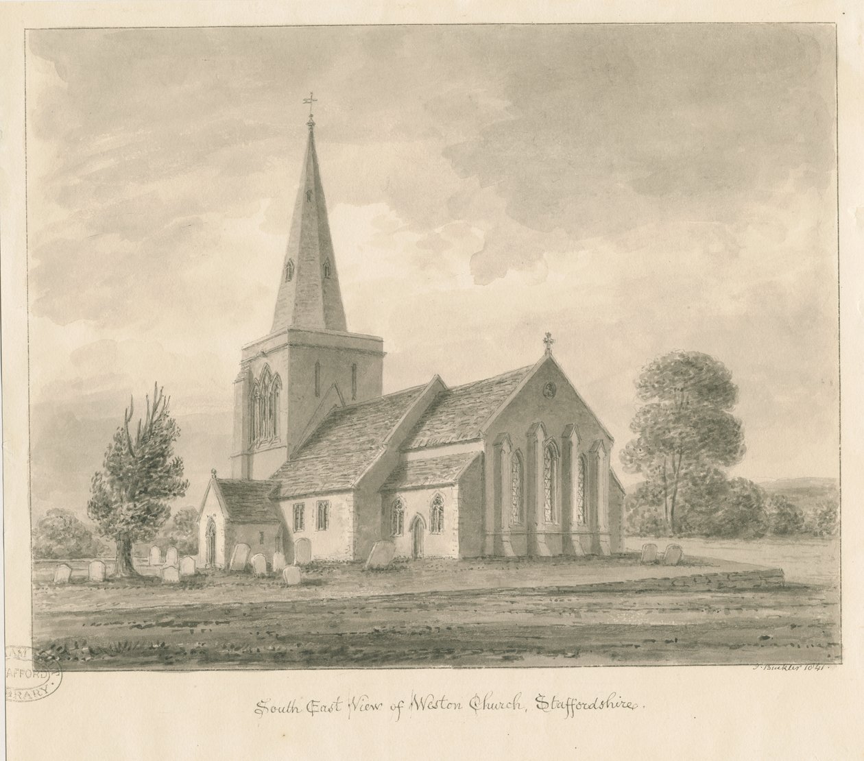 Weston-on-Trent Church: sepia-tegning, 1841 av John Buckler