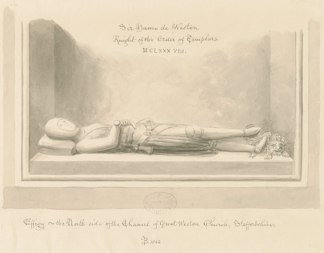 Weston-under-Lizard Church - Effigy of Sir Hamo de Weston: sepia vasketegning, 1842 av John Buckler