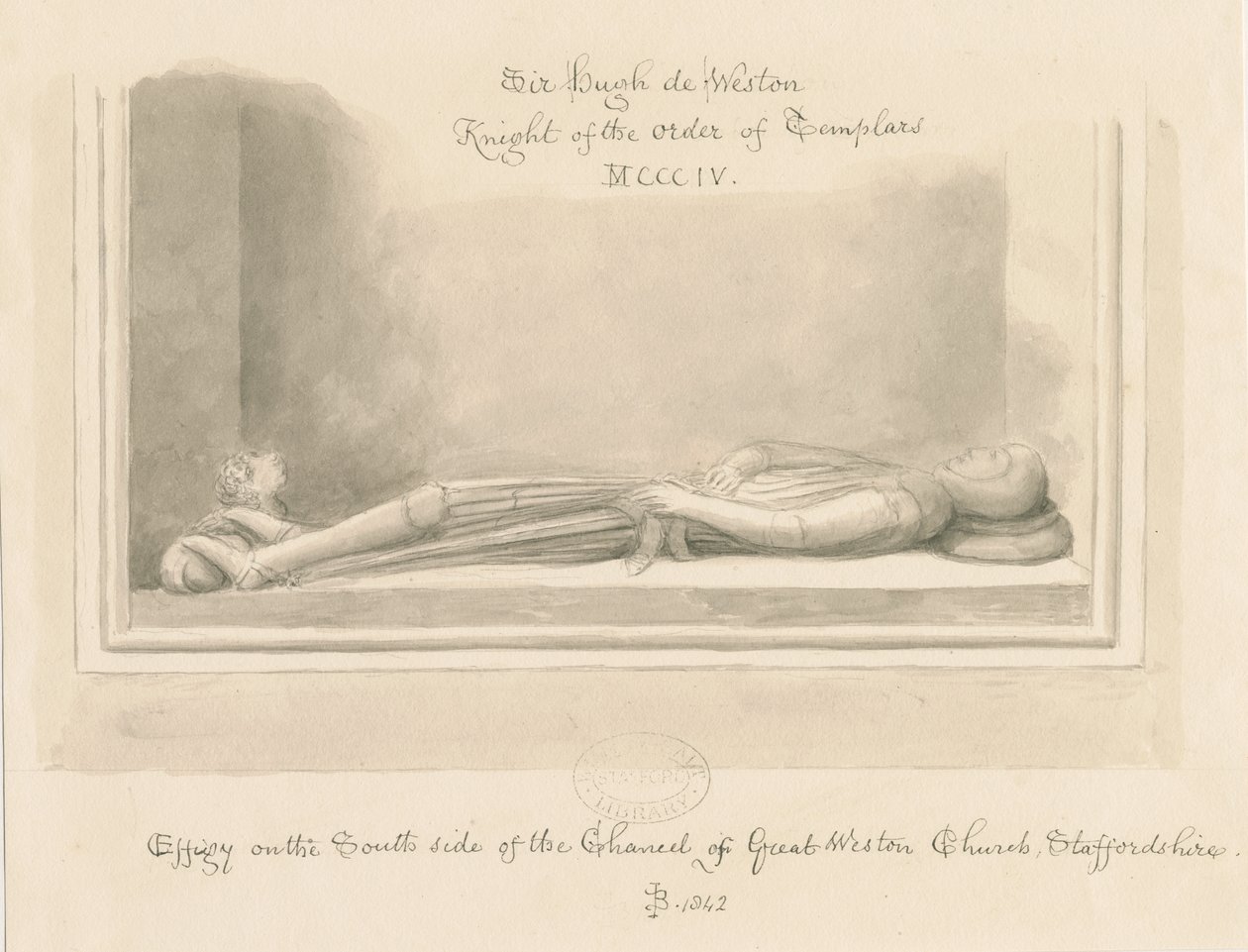 Weston-under-Lizard Church - Effigy of Sir Hugh de Weston: sepia-tegning, 1842 av John Buckler