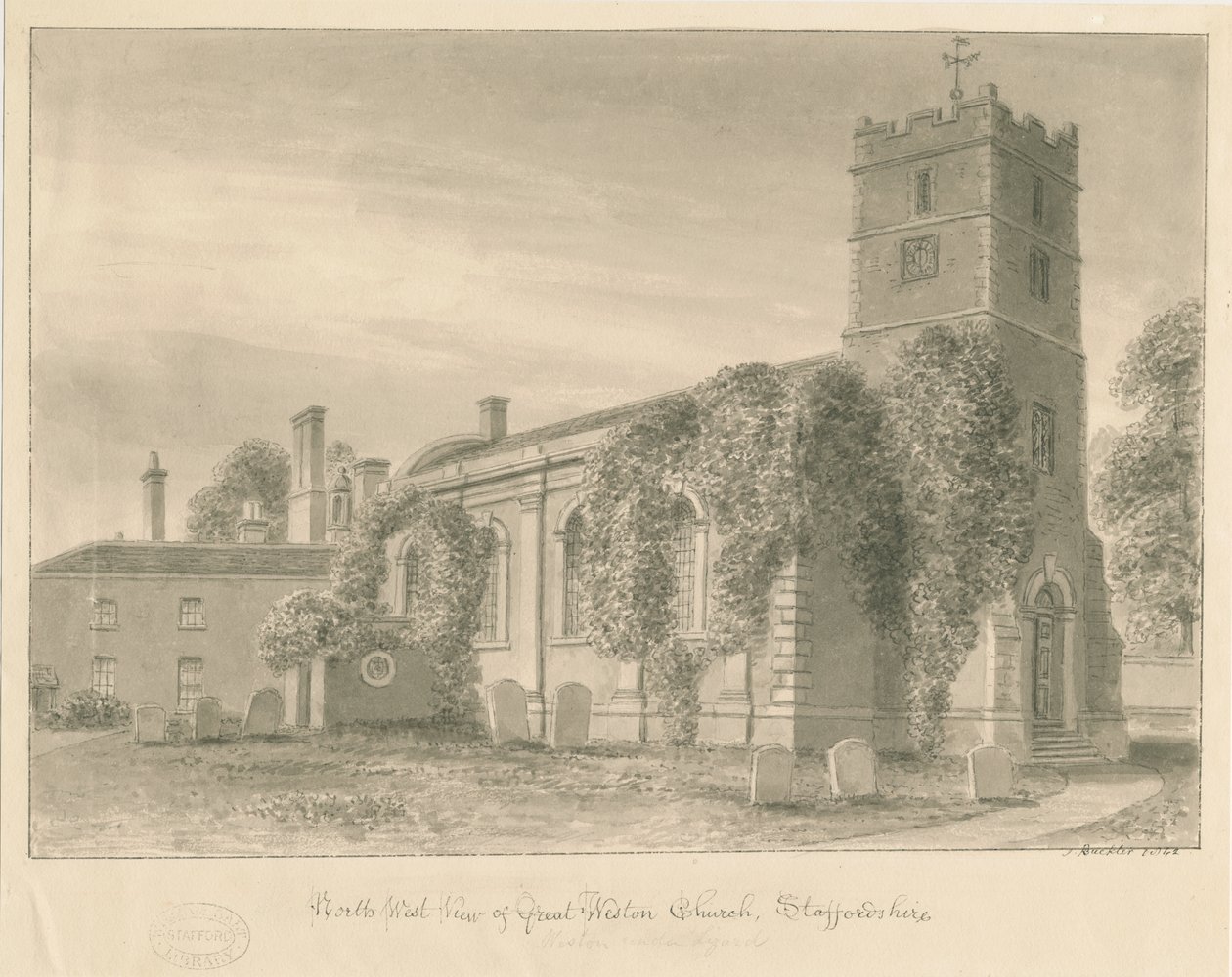 Weston-under-Lizard Church: sepia vask tegning av John Buckler