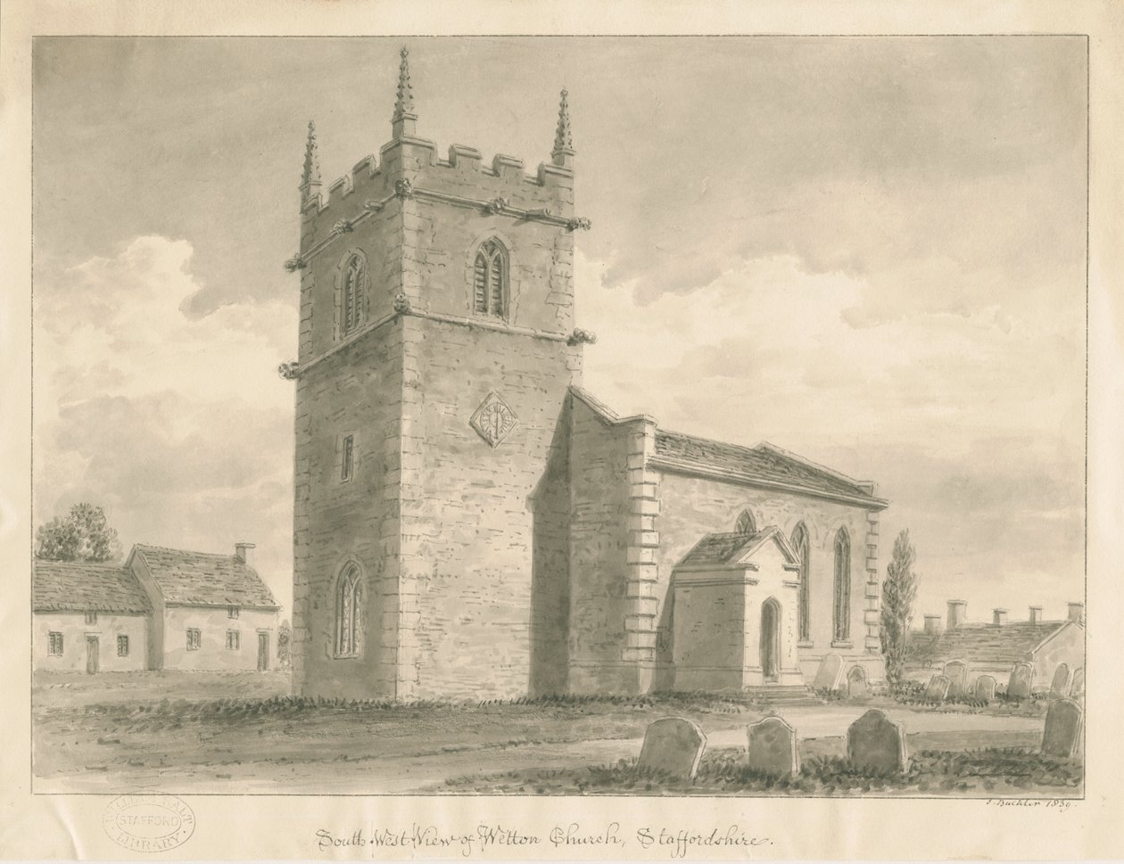 Wetton Church: sepia-tegning, 1839 av John Buckler
