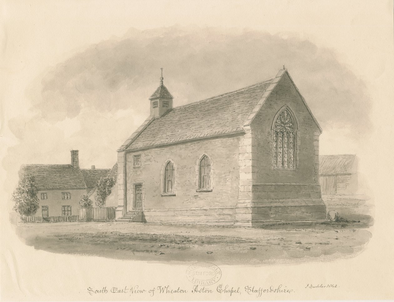 Wheaton Aston Chapel: sepia vask tegning av John Buckler