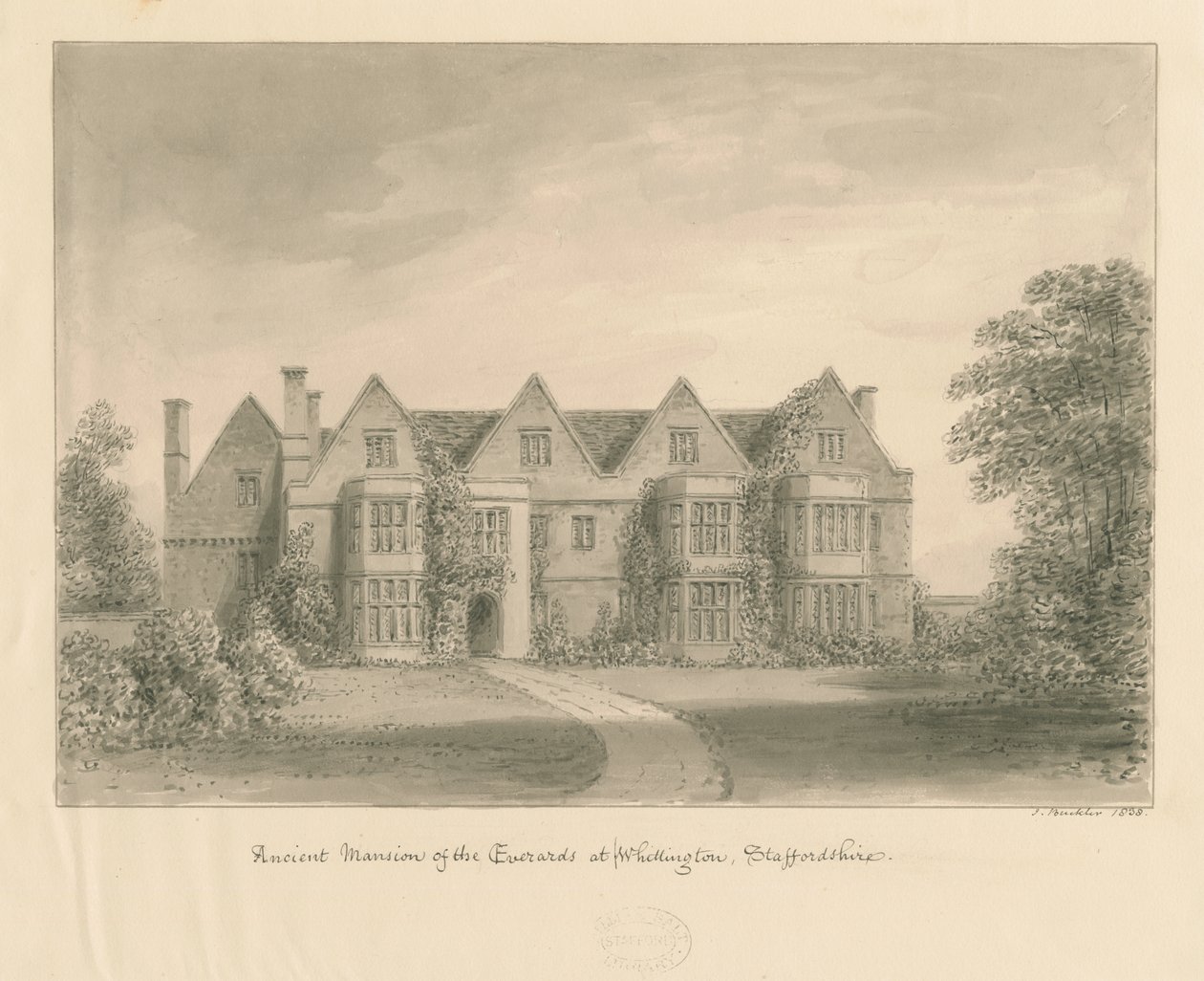 Whittington Hall: sepia-tegning, 1838 av John Buckler