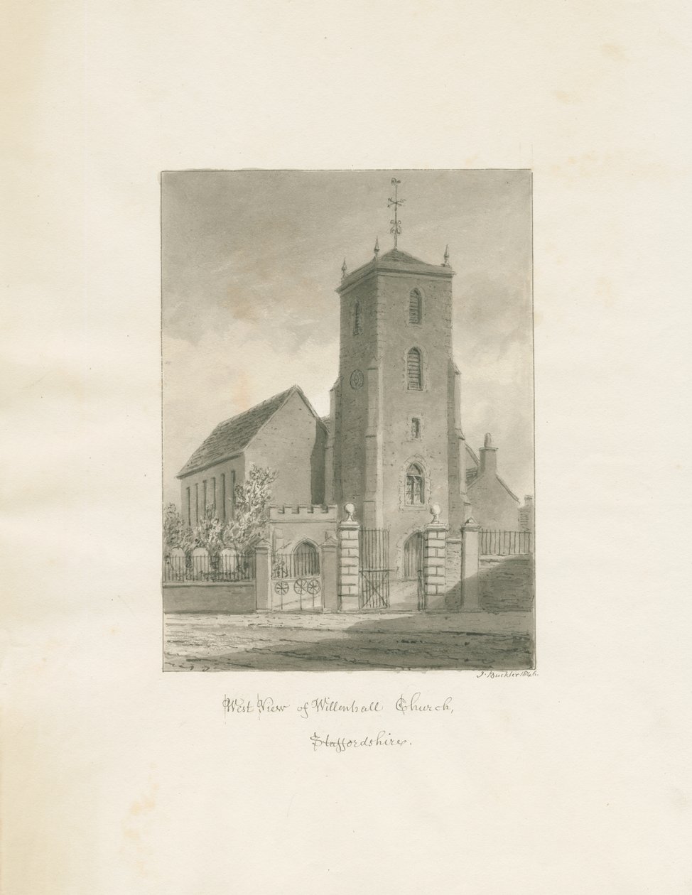 Willenhall kirke: sepia-tegning, 1846 av John Buckler
