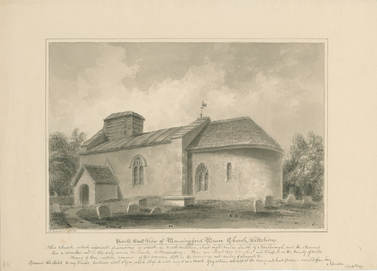 Wiltshire - Manningford Bruce Church: sepia-tegning, 1806 av John Buckler