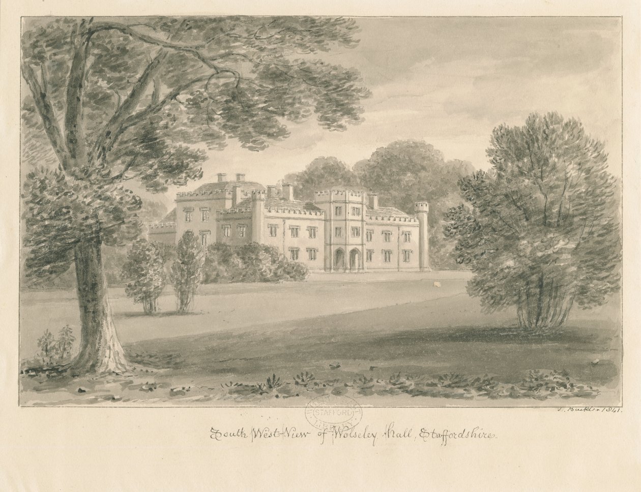 Wolseley Hall: sepia-tegning, 1841 av John Buckler