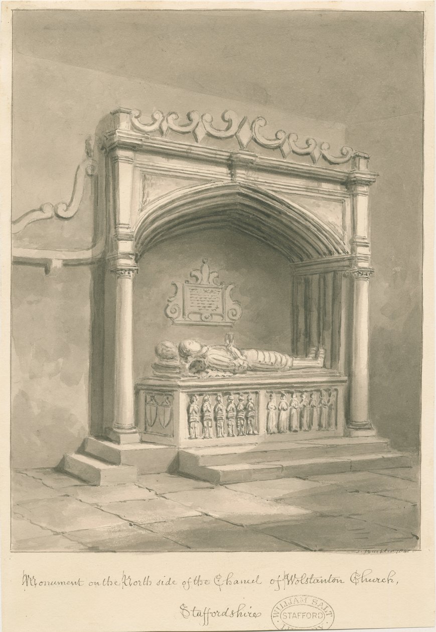Wolstanton Church - Monument: sepia vask tegning av John Buckler