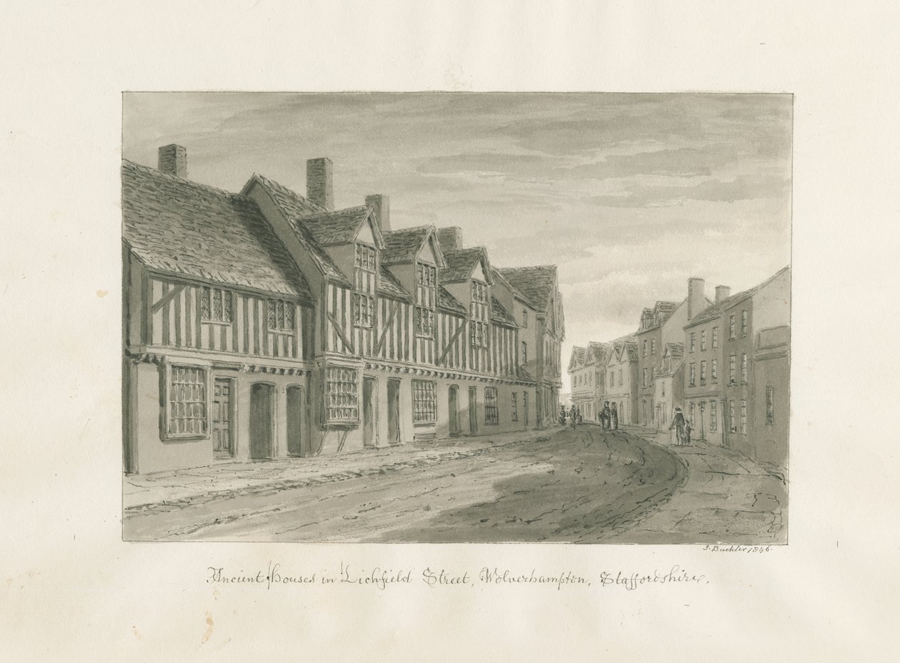 Wolverhampton - Ancient Houses in Lichfield Street: sepia-tegning av John Buckler