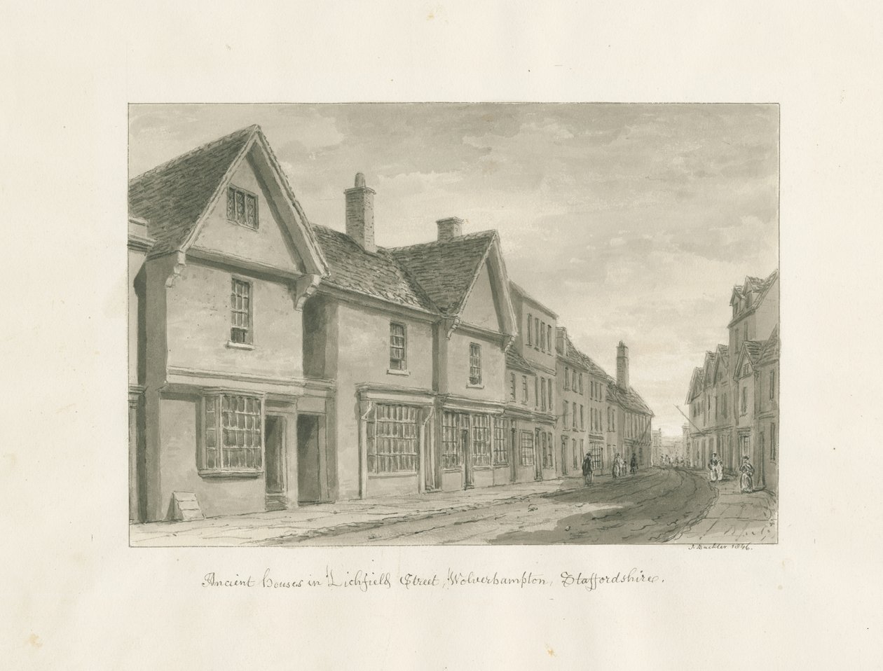 Wolverhampton - Ancient Houses in Lichfield Street: sepia-tegning av John Buckler