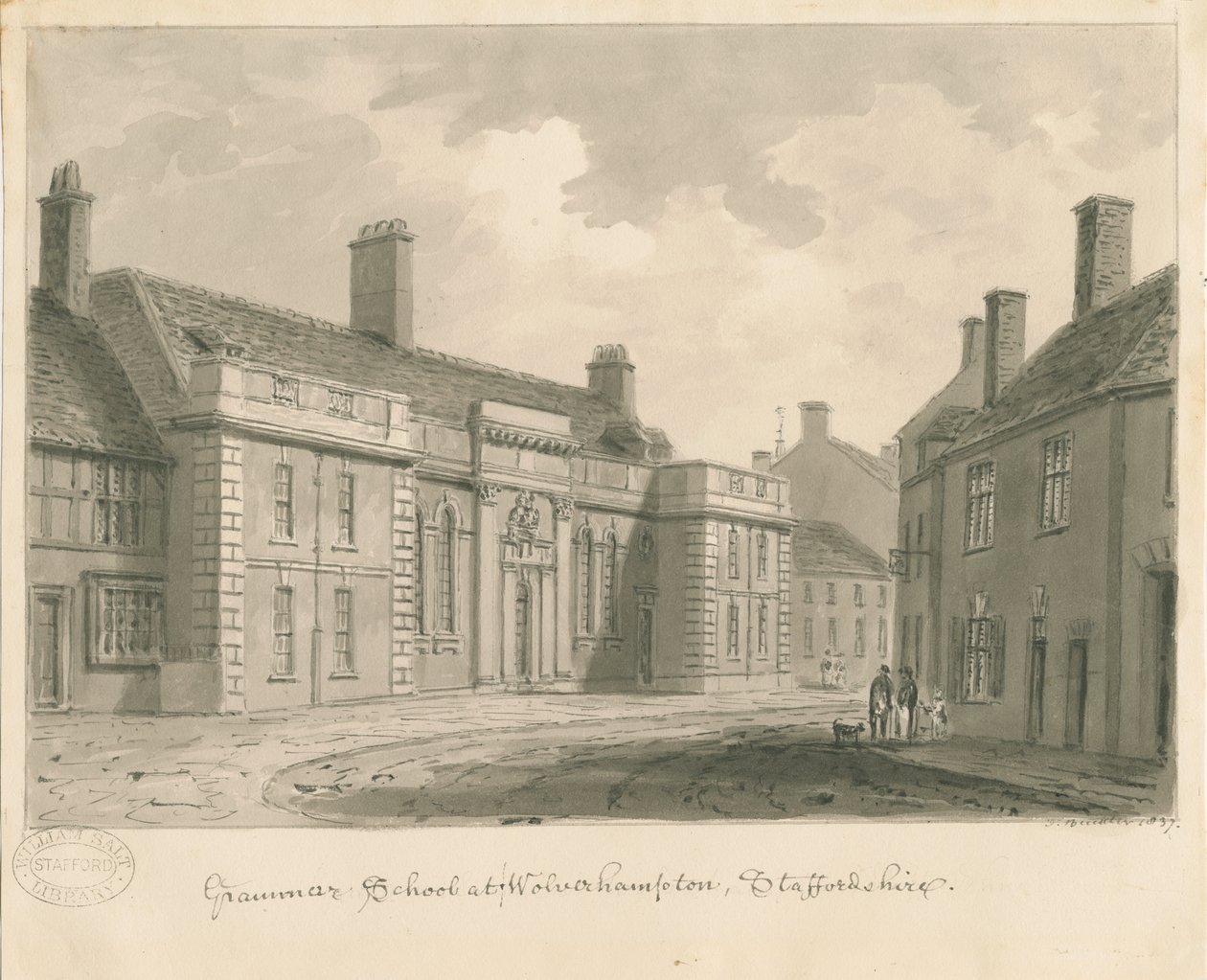 Wolverhampton - Grammar School: sepia-tegning, 1837 av John Buckler