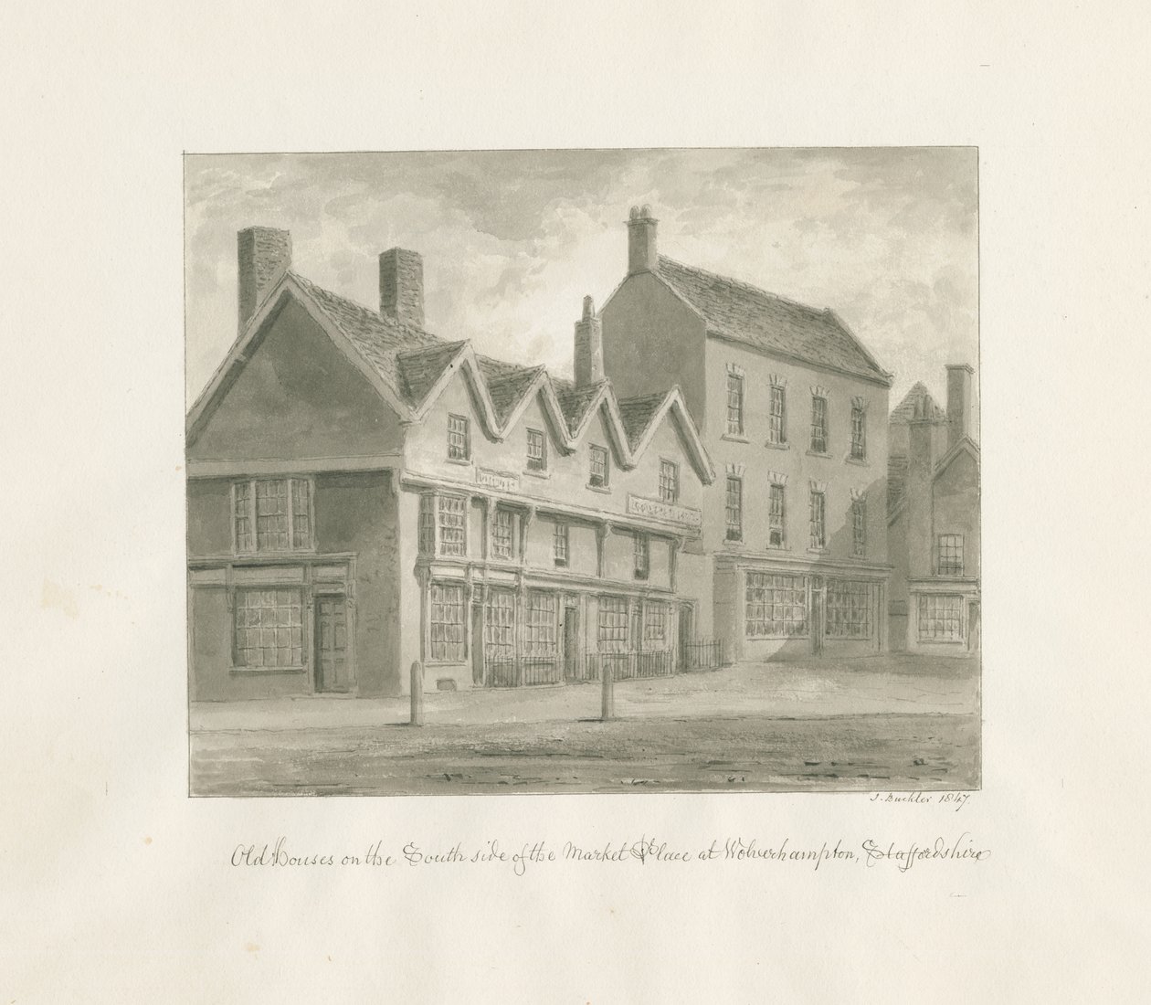 Wolverhampton - Gamle hus på sørsiden av markedsplassen: sepia-tegning, 1847 av John Buckler