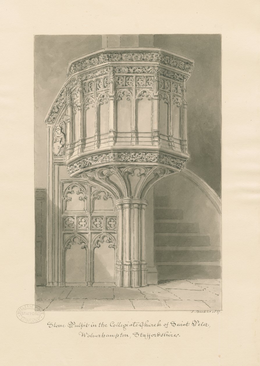 Wolverhampton - Steinprekestol i St. Peterskirken: sepia-tegning av John Buckler