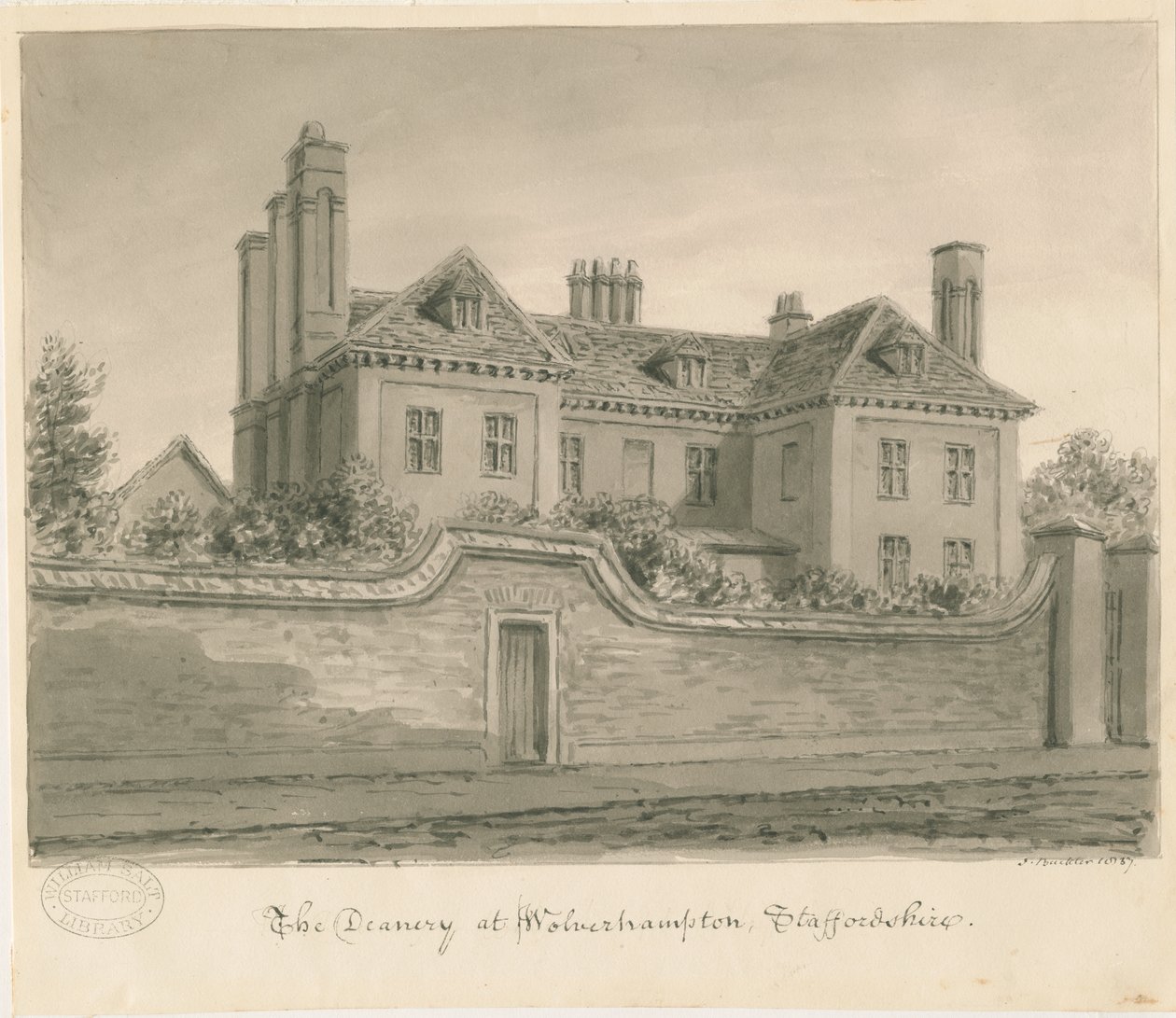 Wolverhampton - The Deanery House: sepia-tegning av John Buckler