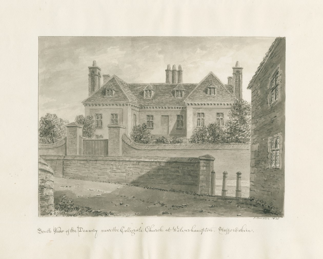 Wolverhampton - The Deanery House: sepia-tegning, 1845 av John Buckler