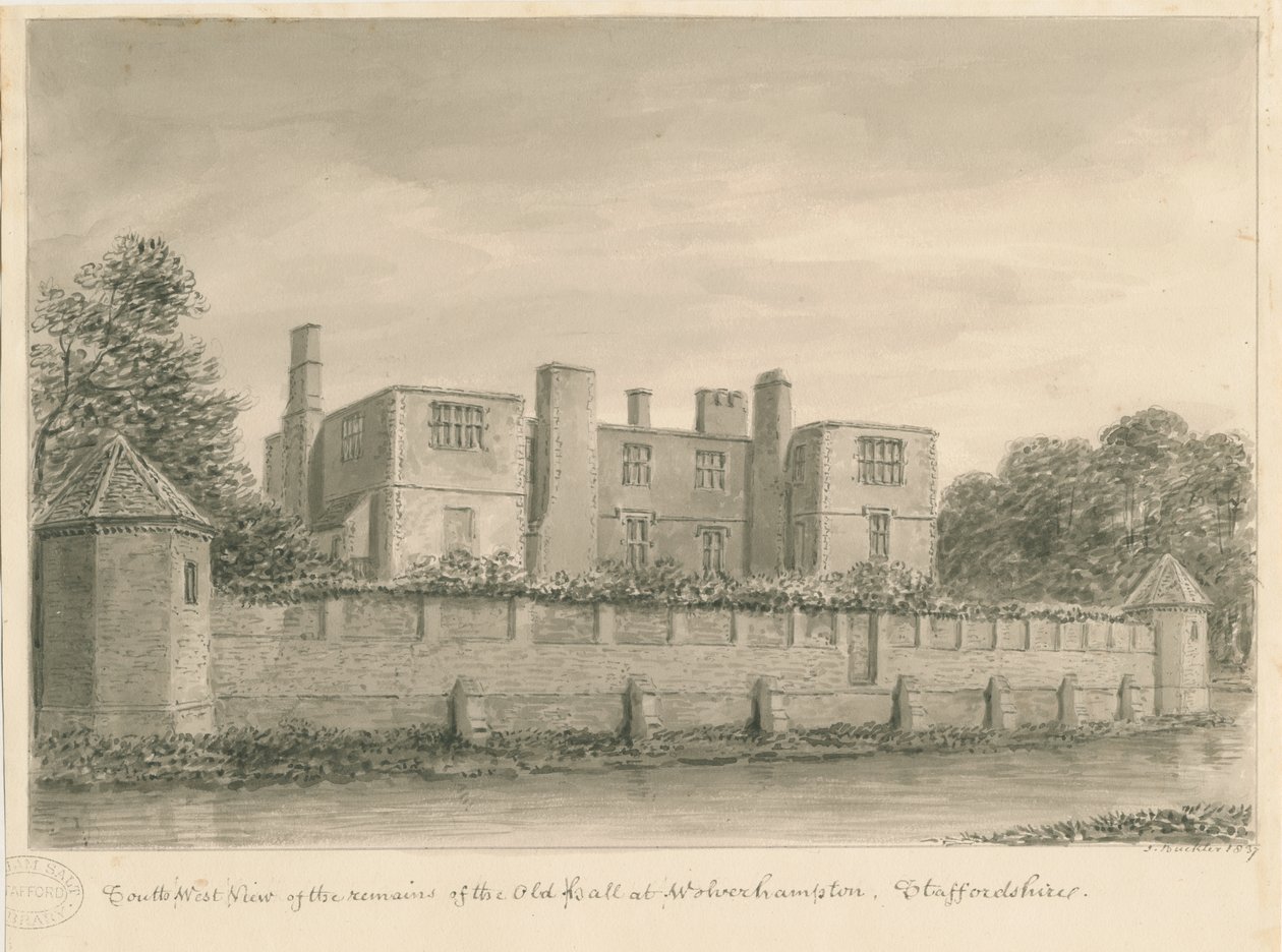 Wolverhampton - The Old Hall: sepia-tegning, 1837 av John Buckler