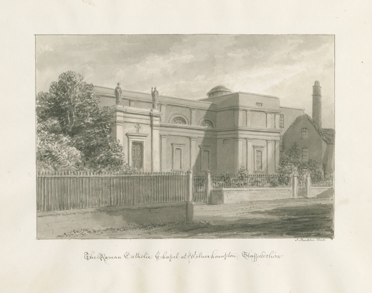 Wolverhampton - Det romersk-katolske kapell: sepia-tegning av John Buckler