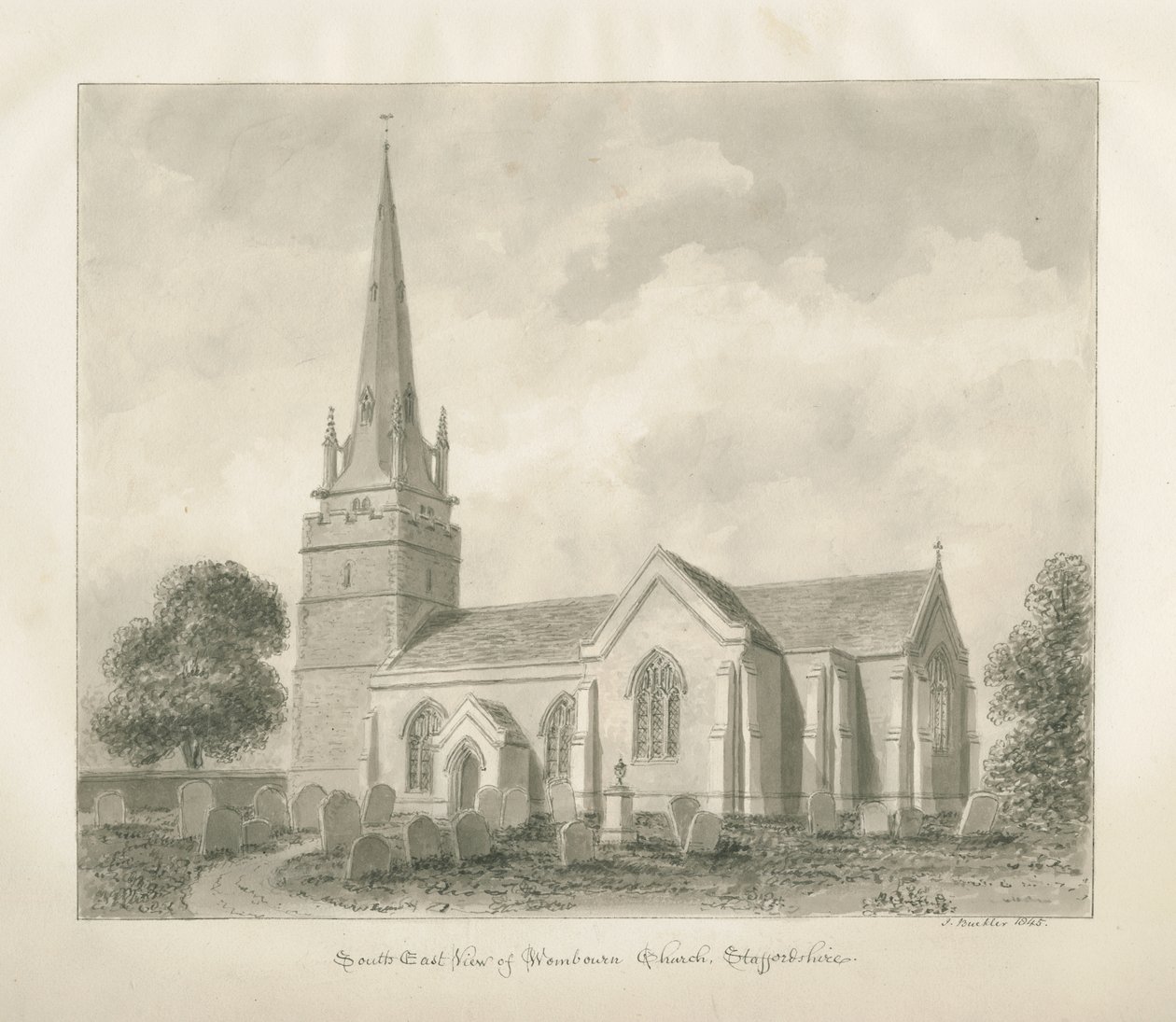 Wombourne Church: sepia-tegning, 1845 av John Buckler