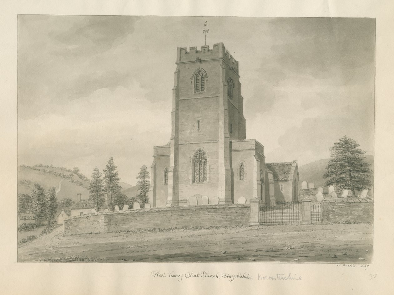 Worcestershire - Clent Church: sepia-tegning av John Buckler