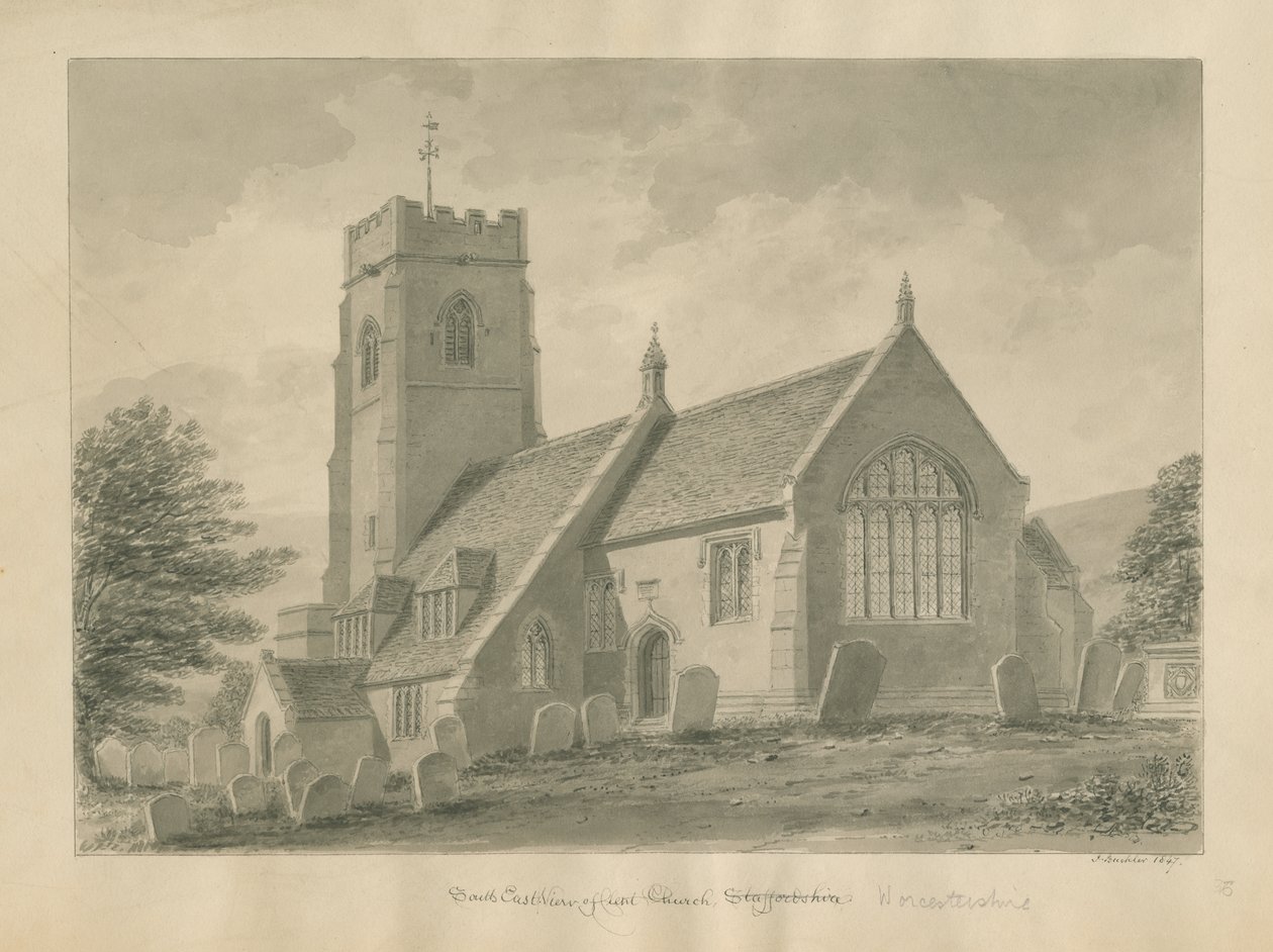 Worcestershire - Clent Church: sepia-tegning, 1847 av John Buckler