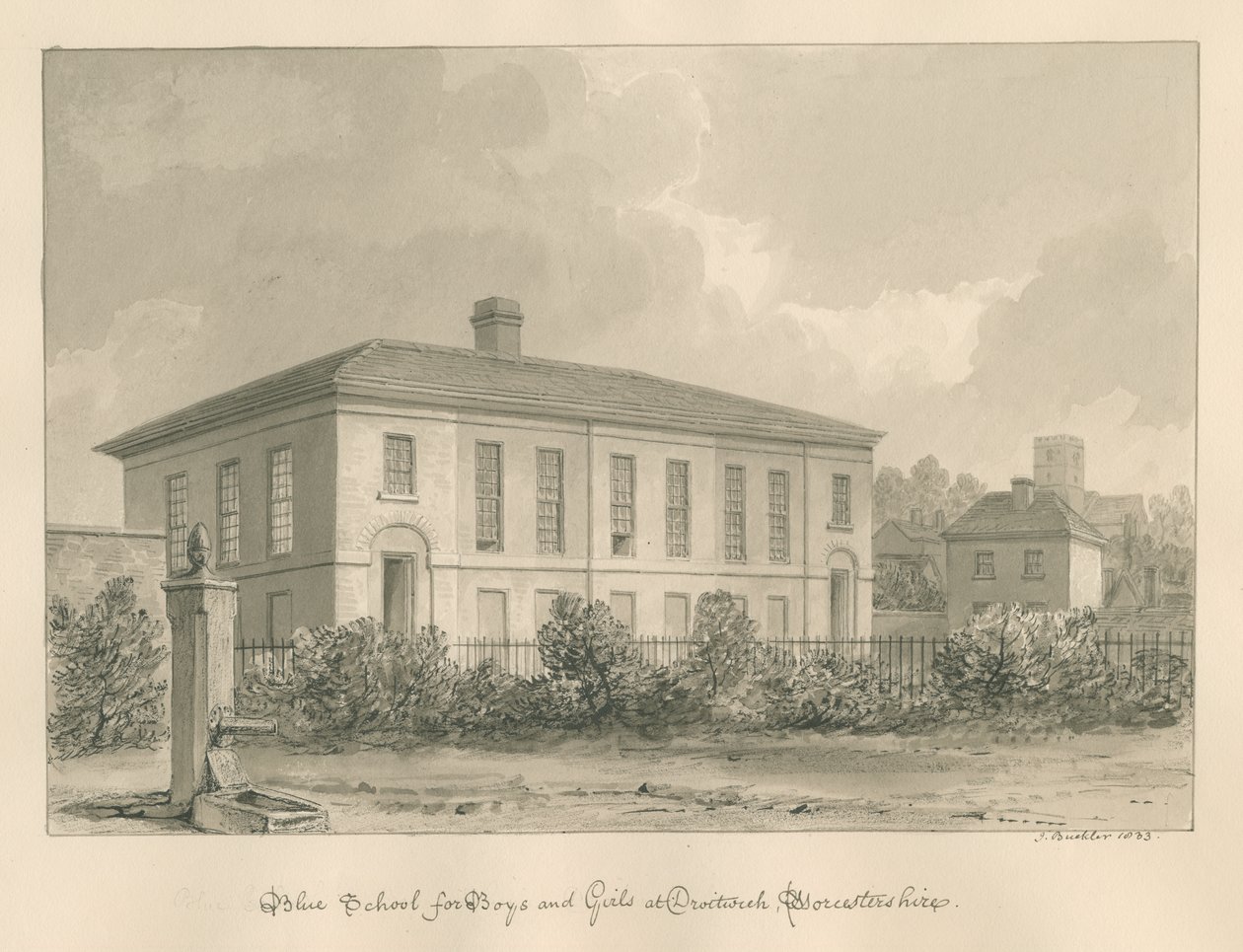 Worcestershire - Droitwich - Blue School: sepia-tegning av John Buckler