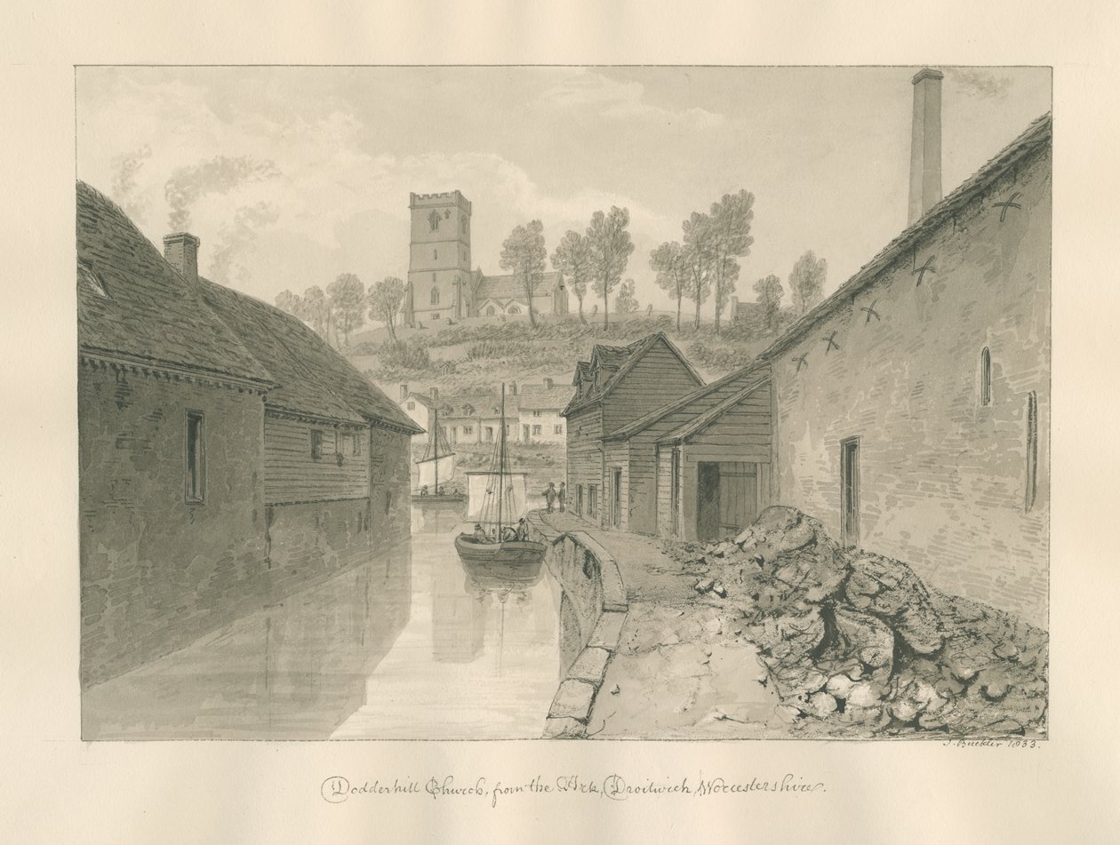 Worcestershire - Droitwich - Dodderhill Church Fjernsyn: sepia-tegning, 1833 av John Buckler