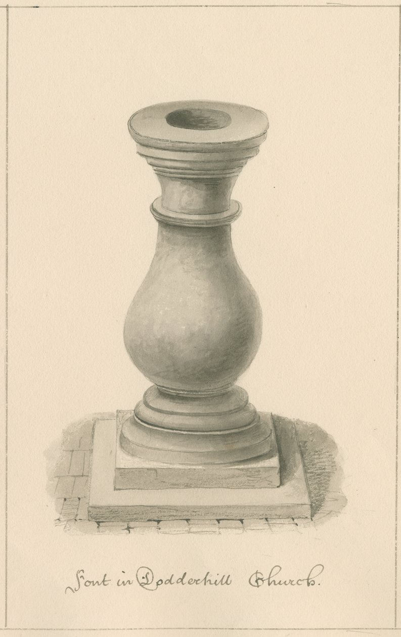 Worcestershire - Droitwich - Dodderhill Church Font: sepia-tegning, 1833 av John Buckler
