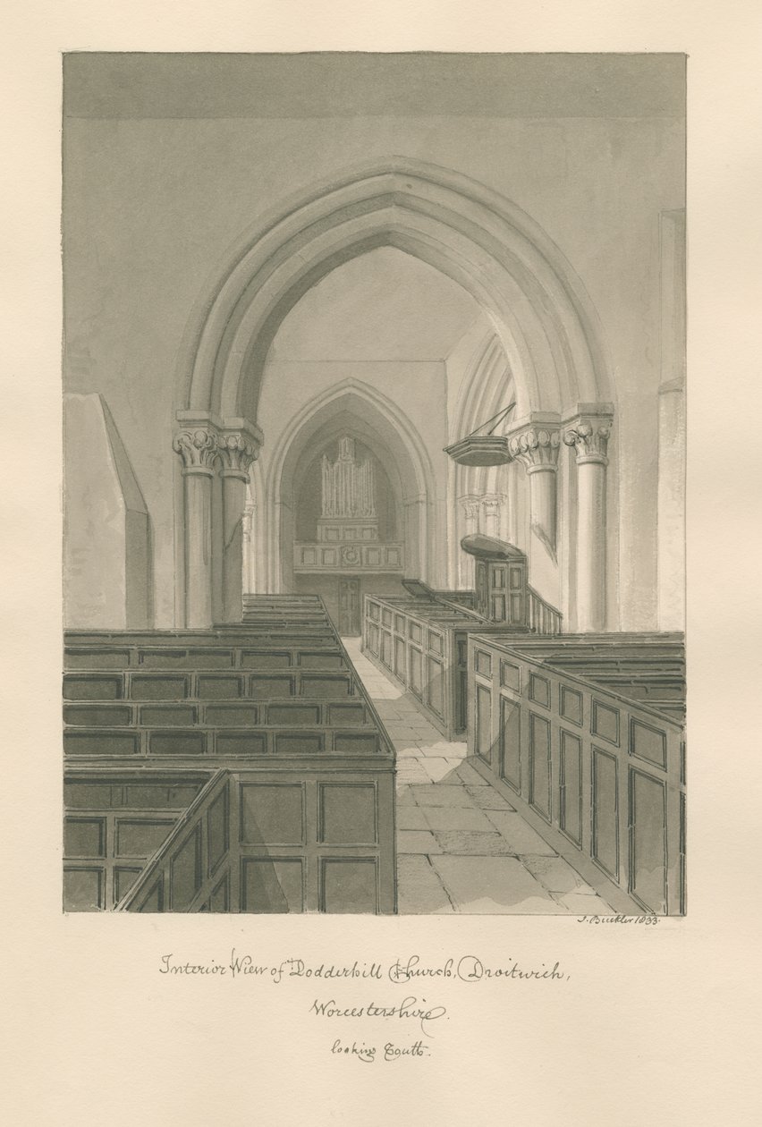 Worcestershire - Droitwich - Dodderhill Church Interiør: sepia-tegning av John Buckler