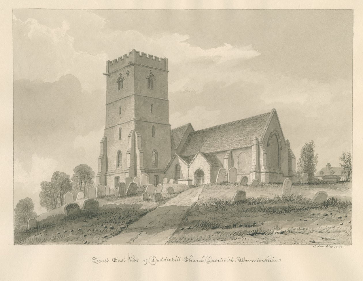 Worcestershire - Droitwich - Dodderhill Church: sepia-tegning av John Buckler