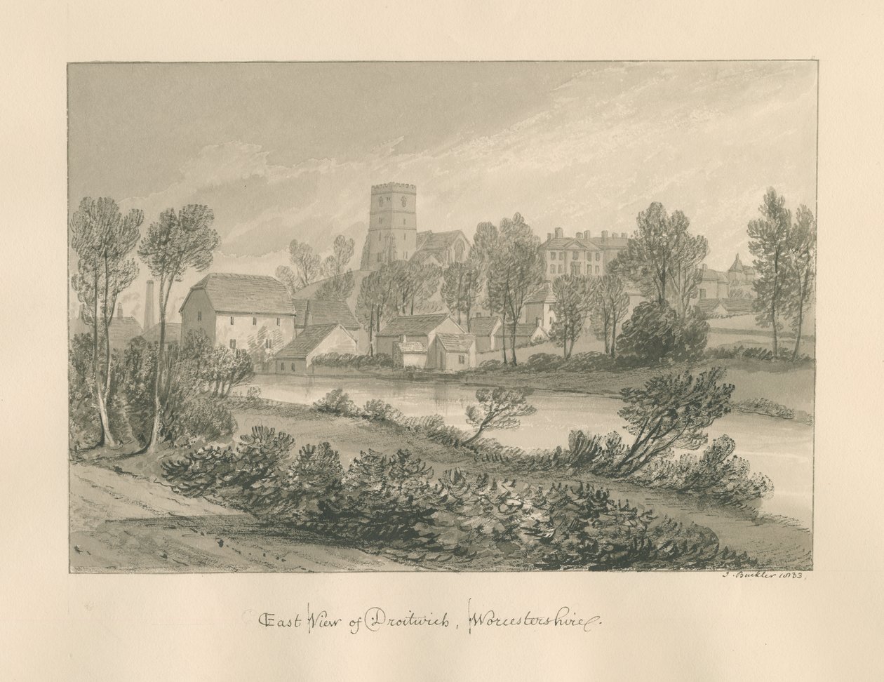 Worcestershire - Droitwich - East View of Town: sepia-tegning, 1833 av John Buckler