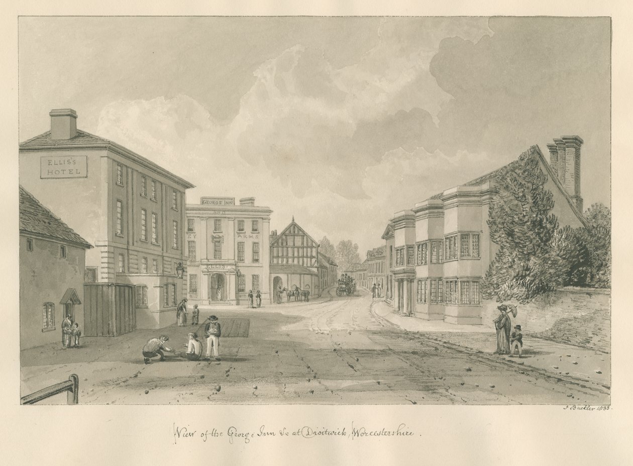 Worcestershire - Droitwich - George Inn: sepia-tegning, 1833 av John Buckler